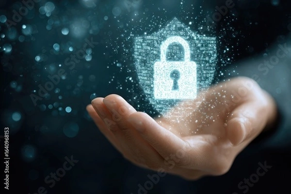 Fototapeta Hand holding a glowing digital lock and shield
