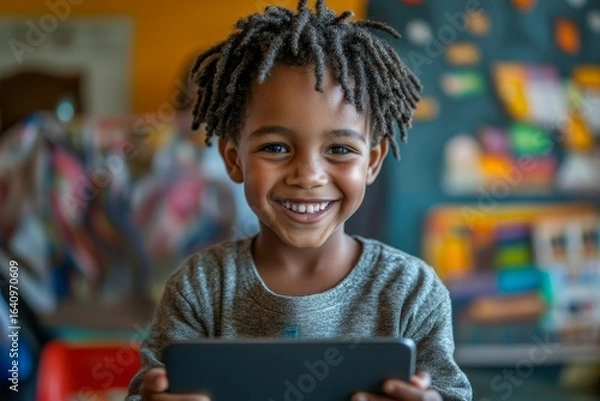 Fototapeta Young child using a smart tablet. The image captures a happy boy gaming on an iPad, showcasing the use of AI technology for interactive learning, Generative AI
