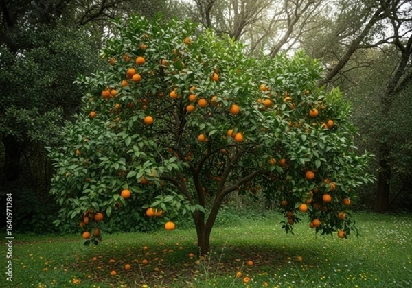 Fototapeta A lush citrus tree laden with ripe oranges in a verdant grove