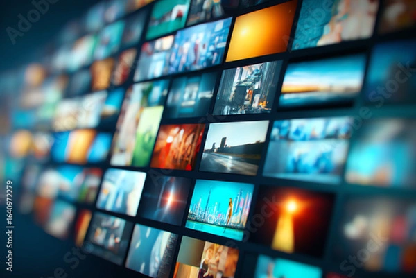 Fototapeta A vibrant digital media wall showcasing multiple colorful thumbnail images arranged in a grid, representing diverse content and dynamic visual storytelling