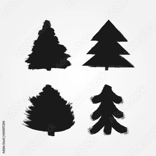 Obraz Set of abstract silhouettes of Christmas trees painted with a rough brush. Grunge, sketch, ink, paint, watercolor. Four isolated symbols, signs, logos, icons.
