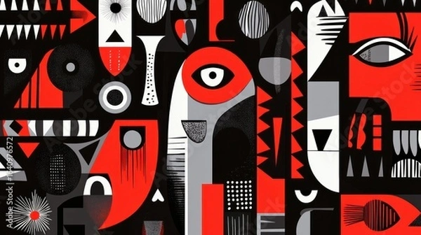 Fototapeta Abstract pattern of stylized faces and shapes in black, red, and gray