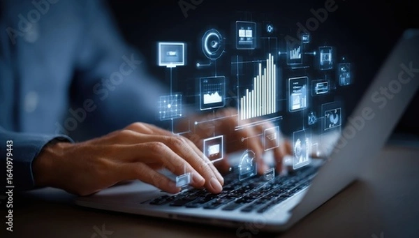 Fototapeta Hands on laptop, holographic data interface