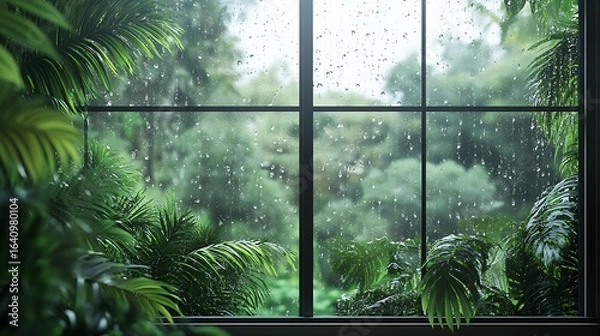 Fototapeta Rain at window garden view