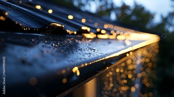 Fototapeta Rain dripping from gutter at dusk
