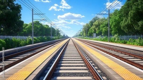 Fototapeta Railway tracks extending into a scenic landscape