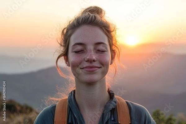 Fototapeta Free happy woman smiling with eyes closed on a mountain hike during sunrise, symbolizing freedom, happiness, and mental wellness, Generative AI