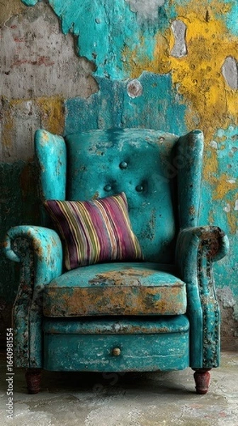 Fototapeta Teal wingback chair with distressed texture, colorful striped accent pillow, against a grungy wall