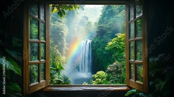 Fototapeta Rainforest waterfall view from window