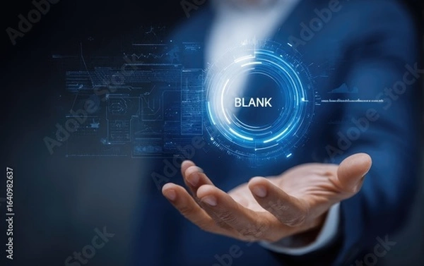 Obraz Hand holds a glowing, circular, digital interface displaying the word "BLANK