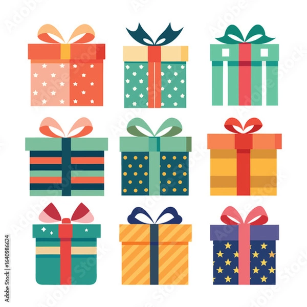 Fototapeta  A vibrant assortment of nine gift boxes, each adorned with unique patterns and colorful ribbons, perfect for adding a festive touch to any celebratory occasion.
