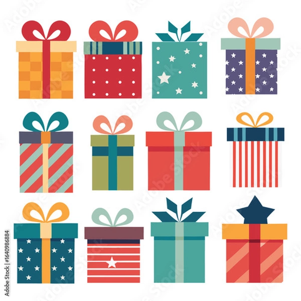 Fototapeta  A vibrant collection of twelve gift boxes, each uniquely decorated with colorful patterns, ribbons, and bows, perfect for adding a festive touch to any design.