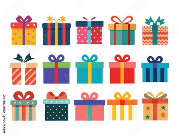 Fototapeta  A vibrant collection of fifteen gift boxes, each uniquely decorated with colorful patterns, ribbons, and bows, perfect for adding a festive touch to any project.