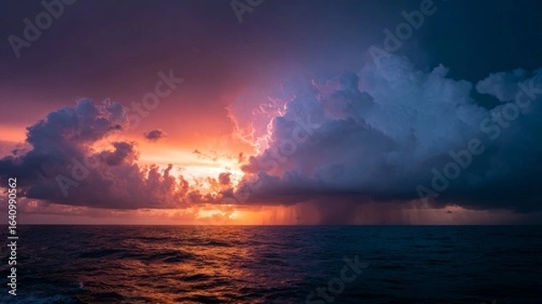 Fototapeta Vivid colors paint the sky as lightning strikes amidst dark storm clouds over the ocean.