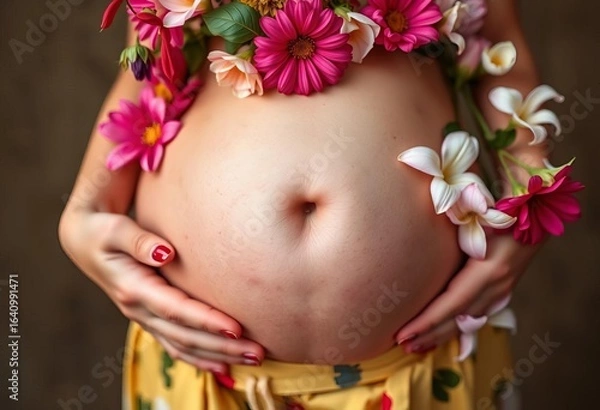 Fototapeta A pregnant body, adorned with flowers, celebrates natural fertility and body positivity,  body positivity,   expectant