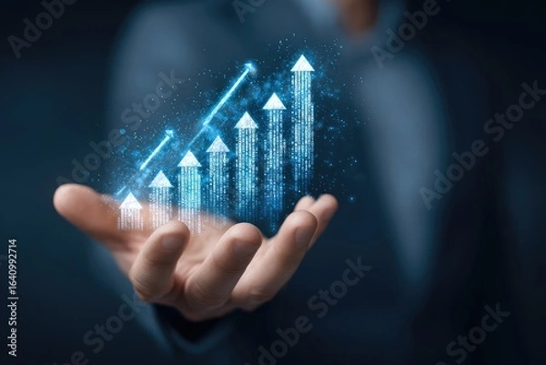 Fototapeta A hand holds a digital upward trend graph