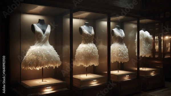 Obraz White feather dress exhibit in illuminated glass display case. Row of elegant ballet tutu style gowns for fashion museum showcase. Luxury fashion design and art installation
