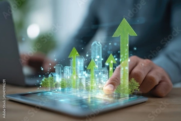 Fototapeta Businessperson interacts with tablet, showing upward growth of sustainable urban development