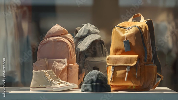 Obraz Close-up on a Stylish Store Window Showcasing Backpacks