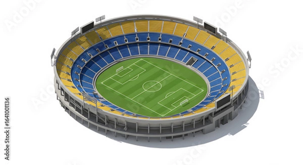 Fototapeta A detailed 3D isometric vector illustration of a Centenario stadium for football, featuring a green pitch and spectator seating.