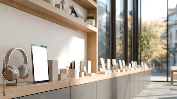 Obraz Modern Minimalist Store Interior Featuring a Wooden Shelf