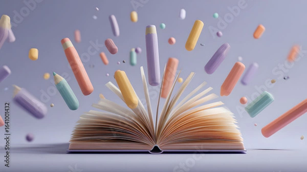 Obraz Soft 3D Pastel Illustration of an Open Notebook with School Supplies