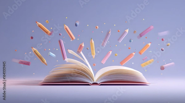 Obraz Soft 3D Pastel Illustration of an Open Notebook with School Supplies