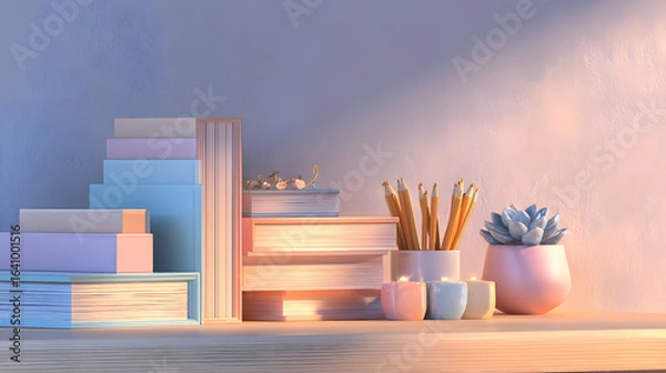 Obraz Soft 3D Render of a Classroom Desk Corner with Pastel Supplies