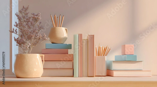 Obraz Soft 3D Render of a Classroom Desk Corner with Pastel Supplies