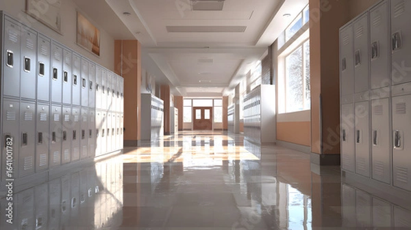 Obraz Soft-Focused School Hallway with Rows of Lockers