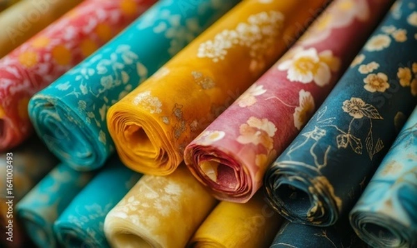 Fototapeta Close-up of colorful beeswax wraps, highlighting their use as a sustainable alternative to plastic wrap for food storage, Generative AI