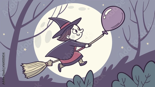 Obraz Illustration of a witch flying on a broom with a balloon in front of a moonlit night background