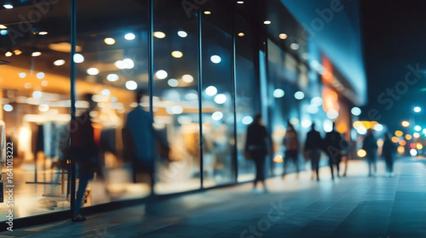 Fototapeta Blurred silhouettes of people walking along a brightly lit glass storefront at night, creating a vibrant urban atmosphere with reflections and bokeh lights