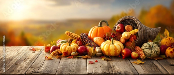 Obraz A rustic autumn cornucopia spilling pumpkins, gourds, apples, and Indian corn onto a wooden table with a blurred fall landscape in the background