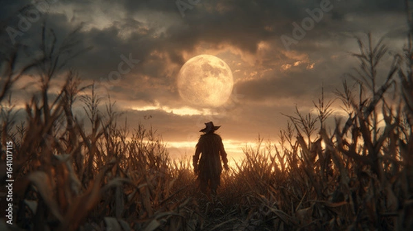 Obraz Man silhouette in corn field under full moon at sunset. Mysterious farm landscape with dark cloudy sky. Rural scene with dramatic evening light. Horror concept