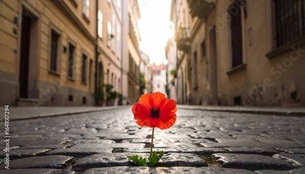 Fototapeta orld Humanitarian Day — single red flower blooming between cobblestones on a quiet urban street, symbolizing resilience, hope, and the beauty of life emerging in hardship