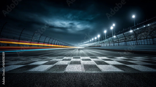 Obraz A nighttime view of a race track's finish line with motion blur from speeding cars and illuminated floodlights under a cloudy sky