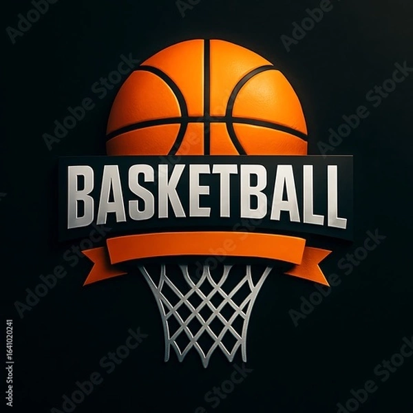 Fototapeta Modern Minimal Basketball Badge Logo with Orange Ball, Ribbon Banner, and Hoop Net