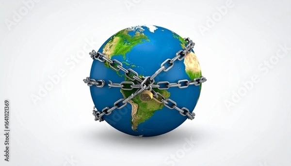 Fototapeta World Humanitarian Day — globe wrapped in a horizontal chain, continents of the Americas visible, solid blue background;