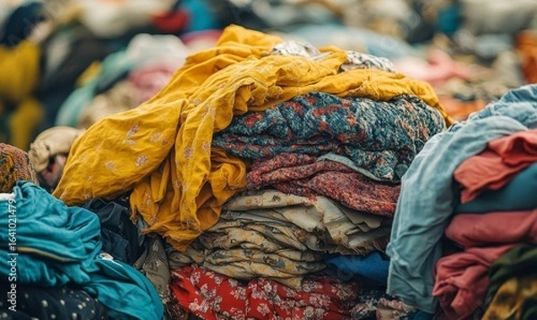 Fototapeta Heap of clothes discarded in a landfill, symbolizing the environmental impact of fast fashion and the need for sustainable fashion alternatives, Generative AI