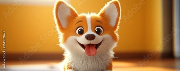Fototapeta Cute, fluffy cartoon orange corgi puppy with dot eyes, red tongue sticking out in a playful stance, captured in a minimalistic 3D style, Generative AI