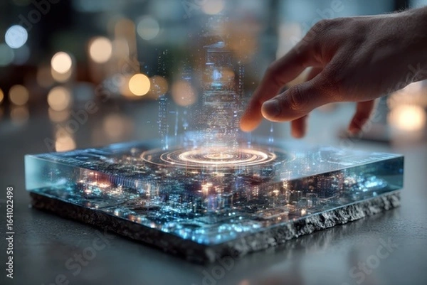 Fototapeta A hand interacts with a glowing futuristic smart city holographic data projection