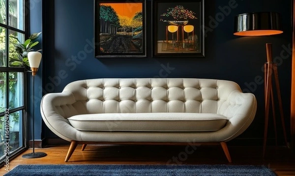 Fototapeta Mid-century modern living room, featuring a luxury sofa with a lamp against a dark blue wall, creating a stylish and inviting interior, Generative AI