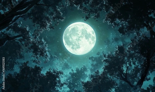 Fototapeta Photo of a moonlit forest, viewed from above, with sparse undergrowth creating a delicate and magical atmosphere, Generative AI