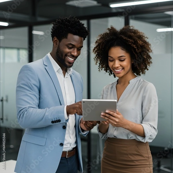Obraz Diverse colleagues collaborating and smiling while looking at a tablet
