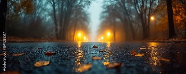 Fototapeta Fog in a spooky forest illuminated by moonlight, adding an ethereal and ghostly element to the scene with abstract bokeh effects, Generative AI