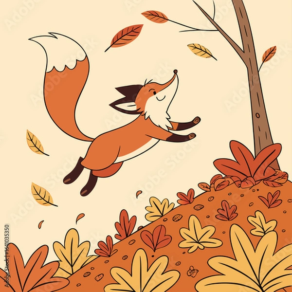 Fototapeta Fun Autumn Scene with Cute Fox Cub
