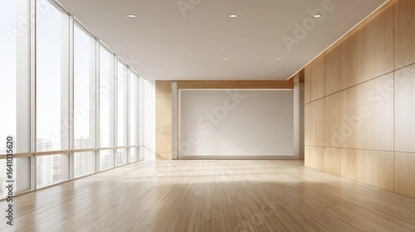 Fototapeta Modern Empty Office Space Interior with Large Windows and Wooden Walls, Offering City View