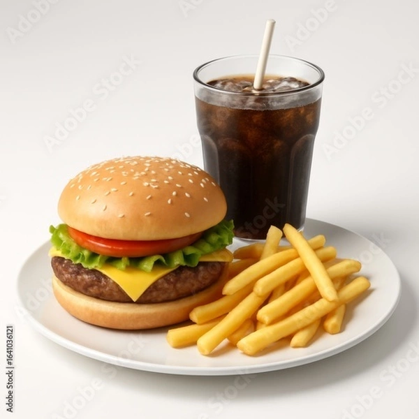 Obraz Juicy cheeseburger with crisp fries and refreshing soda on white plate. Generative AI