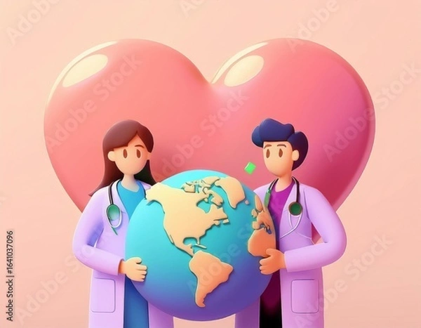 Obraz Doctors holding world globe with heart background for global health care. Generative AI